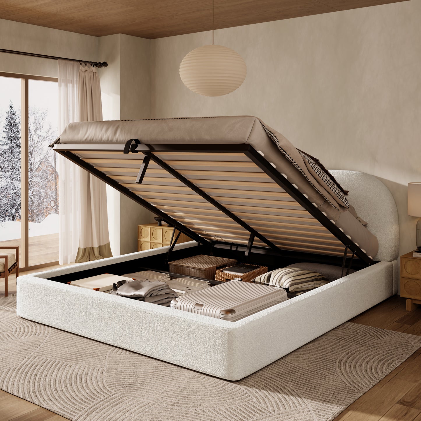 Polsterbett,Doppelbett,180 x 200cm, hydraulisches Funktionsbett,Bett mit Lattenrost, Kopfteil und großem Stauraum, gepolstertes Kopfteil, Inklusive Matratze, Beige Bouclé