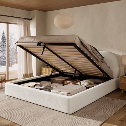 Polsterbett,Doppelbett,180 x 200cm, hydraulisches Funktionsbett,Bett mit Lattenrost, Kopfteil und großem Stauraum, gepolstertes Kopfteil, Inklusive Matratze, Beige Bouclé