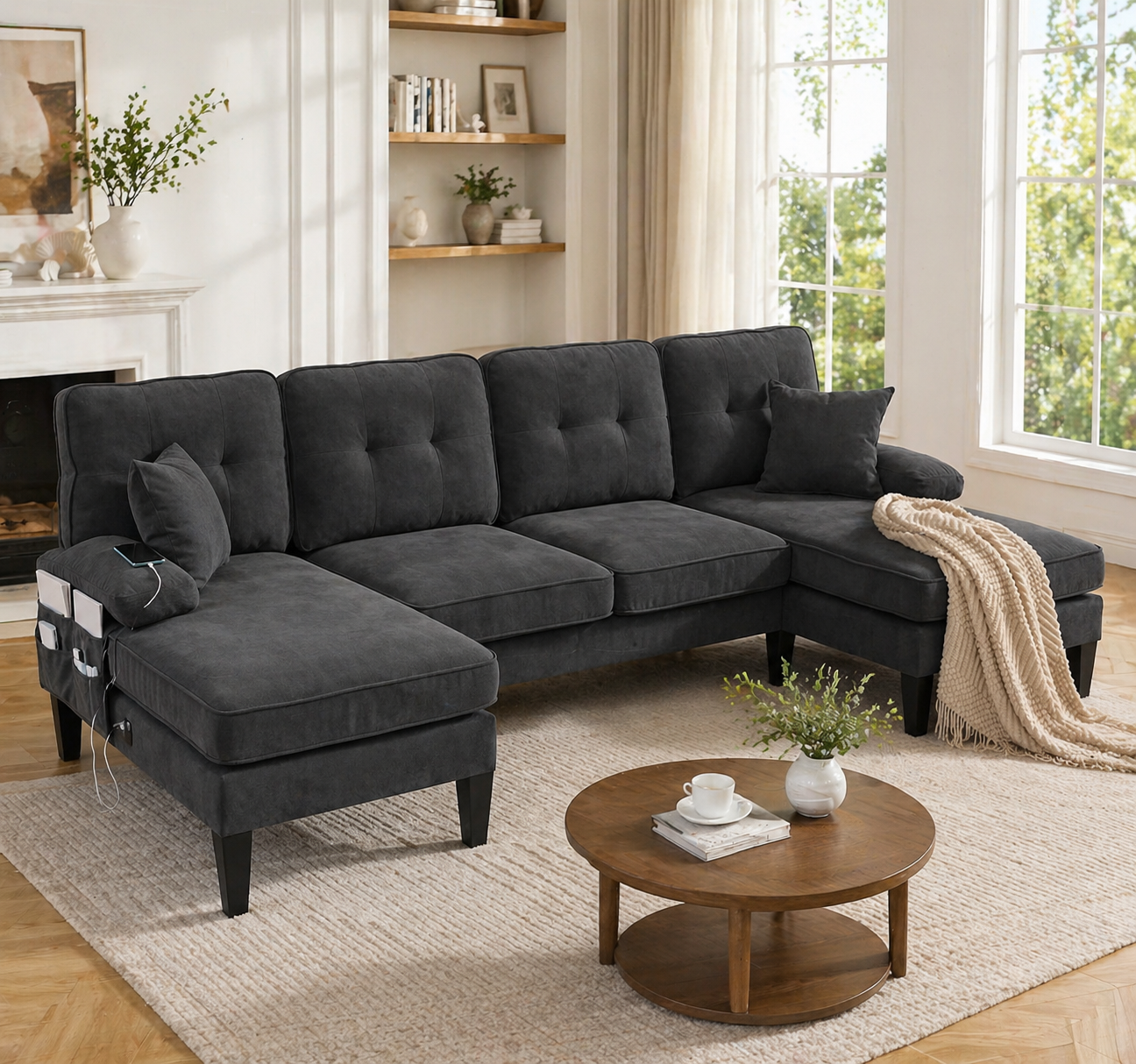 Gigab2b original image - Großes U-förmiges 4-Sitzer Sofa aus weichem Leinenstoff, moderne Rückenlehne,mit zwei Chaise-Lounges,stabile Füße und kuschelige Sitzkissen mit Dekokissen – elegant für jedes Wohnzimmer.Dunkelgrau