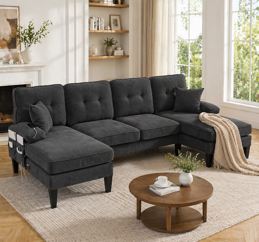 Gigab2b original image - Großes U-förmiges 4-Sitzer Sofa aus weichem Leinenstoff, moderne Rückenlehne,mit zwei Chaise-Lounges,stabile Füße und kuschelige Sitzkissen mit Dekokissen – elegant für jedes Wohnzimmer.Dunkelgrau
