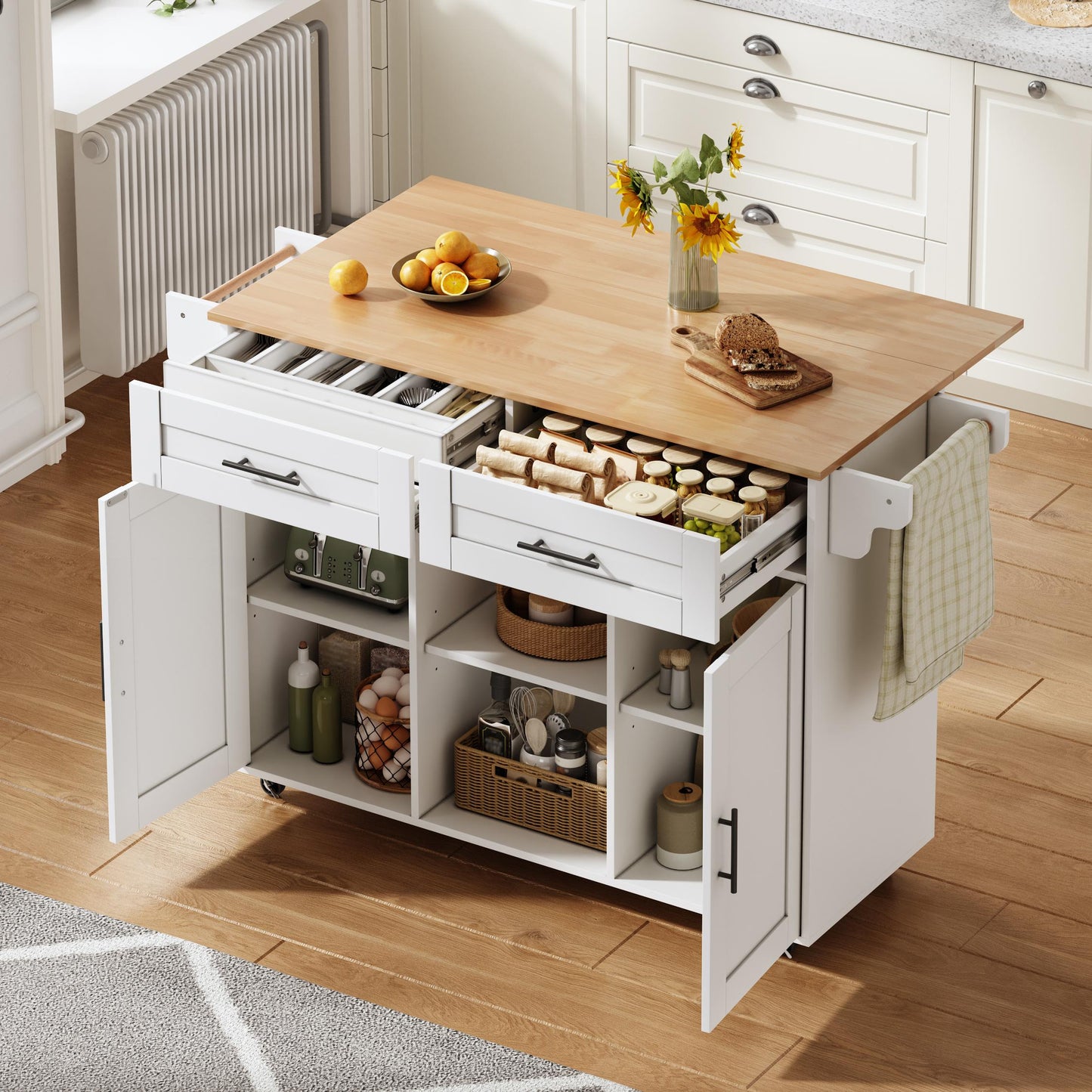 145 x 45 x 94,5 cm, multifunktionale mobile Kücheninsel mit klappbarer Arbeitsplatte, verstellbaren Regalen, 5 Rollen, verdeckter Besteckschublade – geeignet für Küchen, Esszimmer, Wohnzimmer usw.