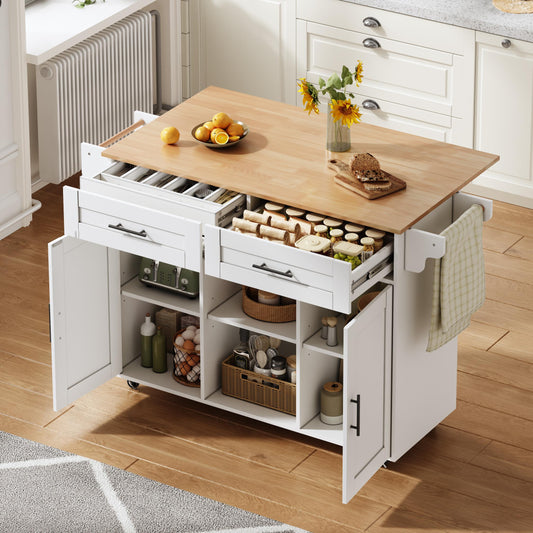 145 x 45 x 94,5 cm, multifunktionale mobile Kücheninsel mit klappbarer Arbeitsplatte, verstellbaren Regalen, 5 Rollen, verdeckter Besteckschublade – geeignet für Küchen, Esszimmer, Wohnzimmer usw.