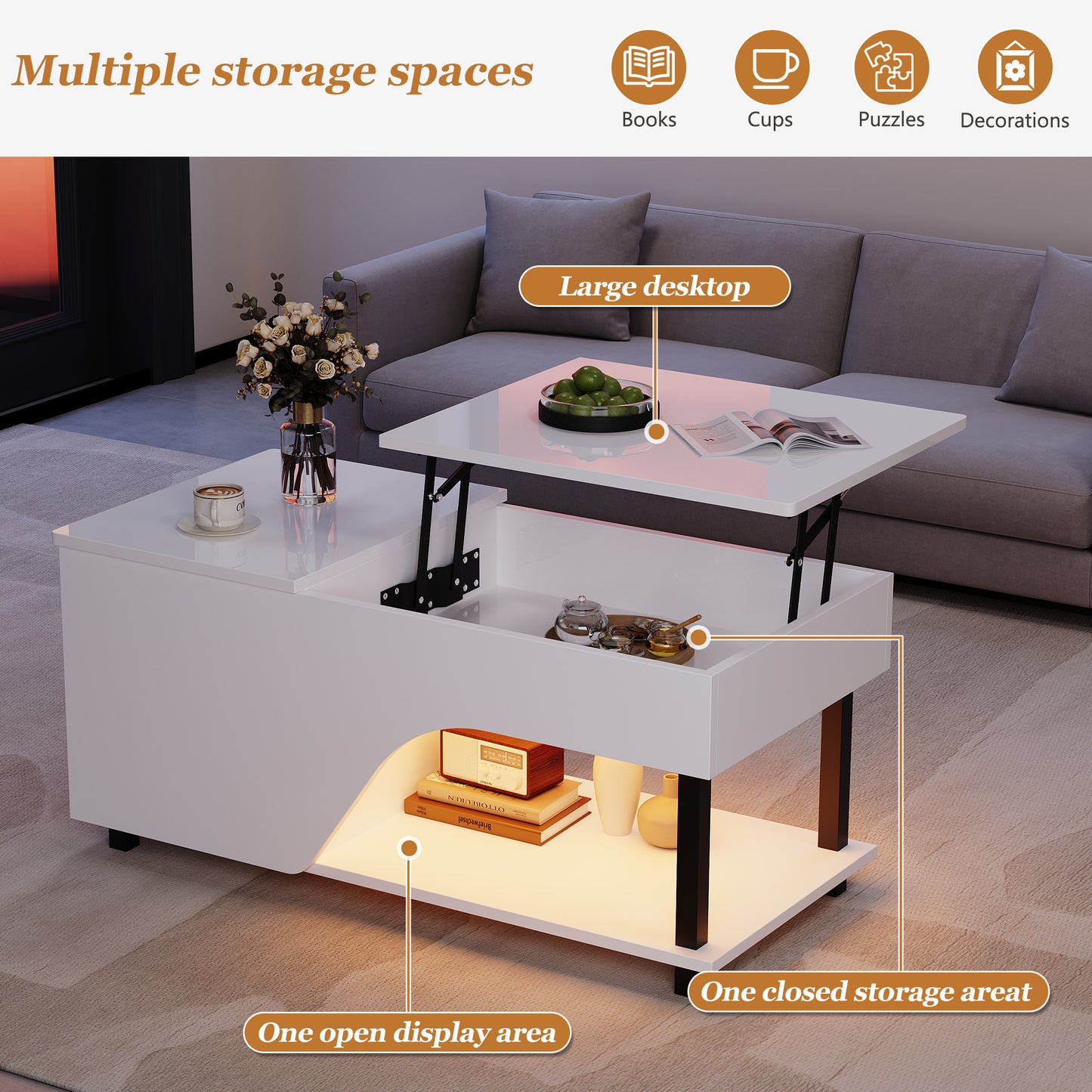 50 x 100 x 46 cm höhenverstellbarer Wohnzimmer-Couchtisch,Beistelltisch mit verstecktem Stauraum,Durchbrochener kaffetisch,Hochglänzender LED-Sofatisch,Teetisch mit seitlicher Ablage,Weiß