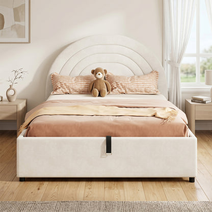 Polsterbett 140*200, Kinderbett mit Lattenrost und Kopfteil, Jugendbett, für Erwachsene und Jugendliche geeignet, Holzlatten, einfache Montage, Inklusive Matratze, Samt, Beige