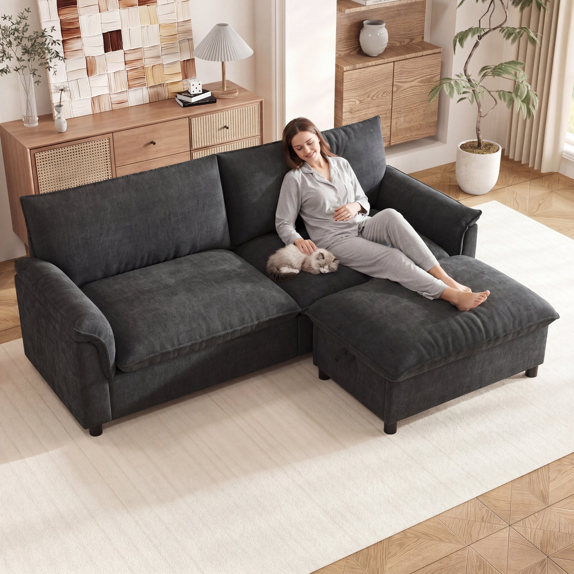 Gigab2b original image - Modulares Cloud-Sectional-Sofa, komfortables Ecksofa für das Wohnzimmer, modernes Deep-Seat-Design, übergroßes Cloud-Sofa, mit 1 beweglichen Fußhocker, hohe Rückenlehne, Schwarz, B216 × H82 × T77 cm