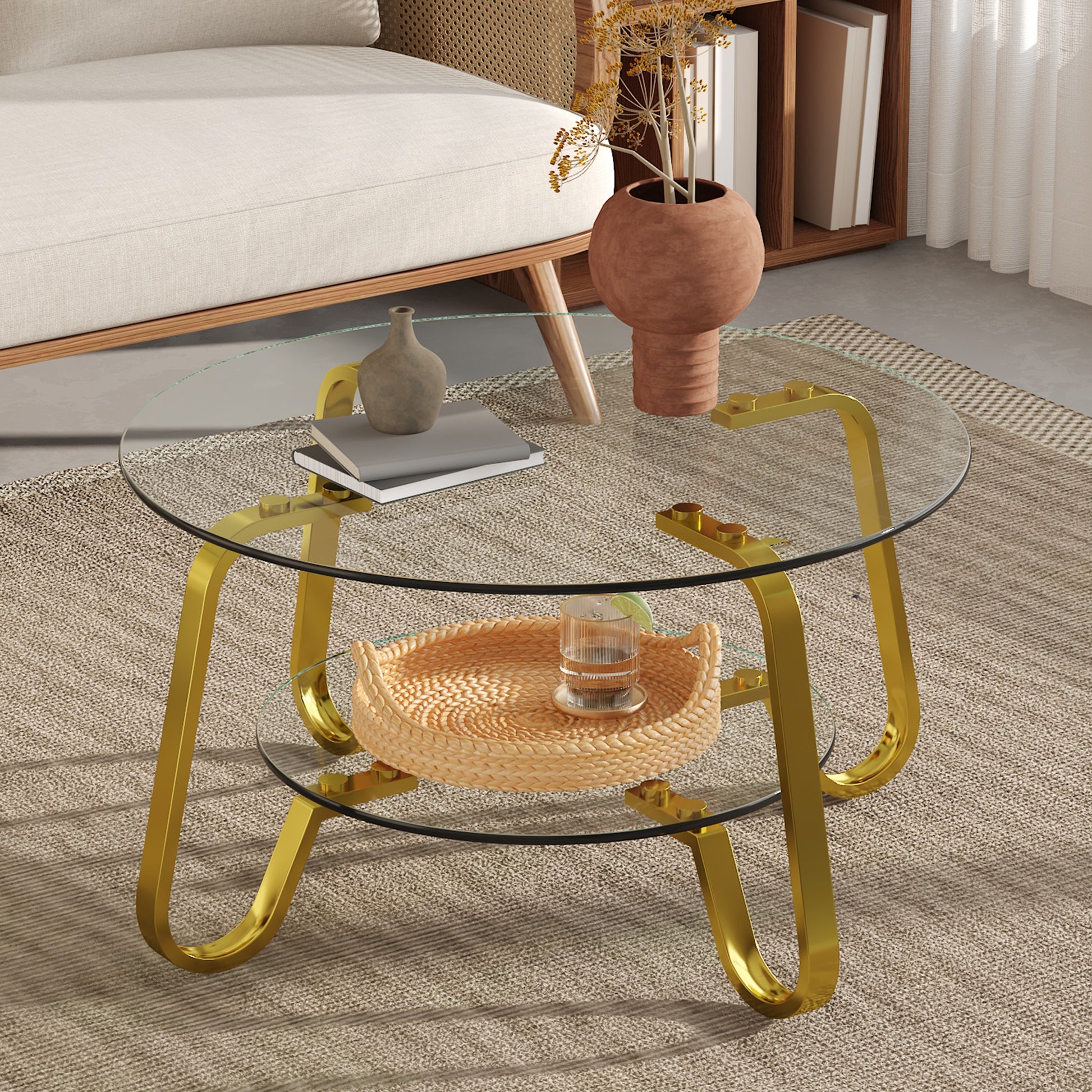 Gigab2b original image - Retro minimalistischer Stil Metallrahmen Doppelschicht gehärtetes Glas Couchtisch, fügen Sie einen Hauch von Eleganz zu Ihrem Wohnzimmer