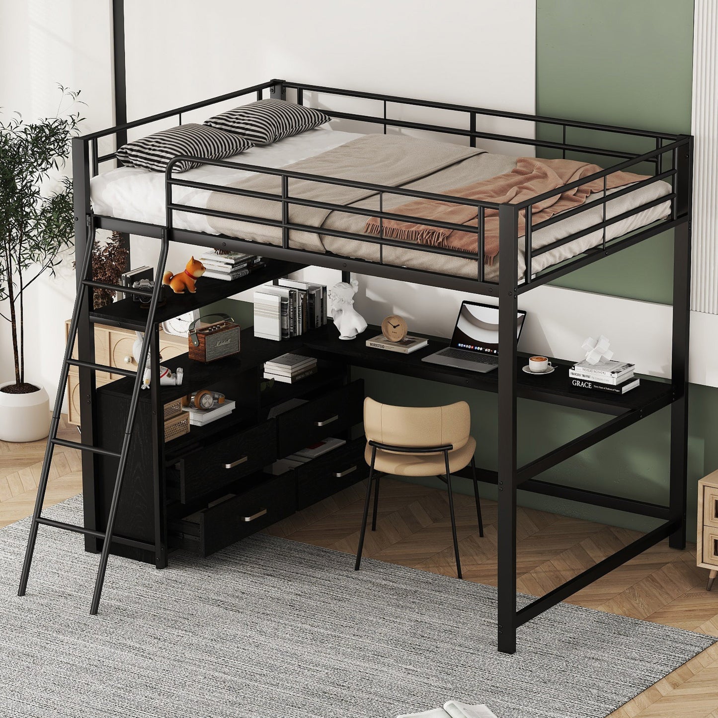 Gigab2b original image - Hochbett, 140*200cm , Eisenrahmenbett, praktische Schubladen, stilvoller L-förmiger Schreibtisch, Laminatdesign, Ohne Matratze, Schwarz