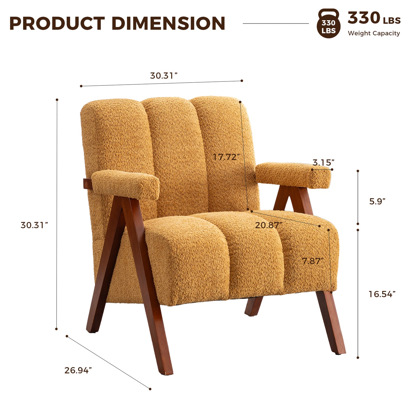 Bouclé-Sitzmöbel mit Holzrahmen, Armlehnenstuhl für Wohnzimmer, Schlafzimmer, Gelb