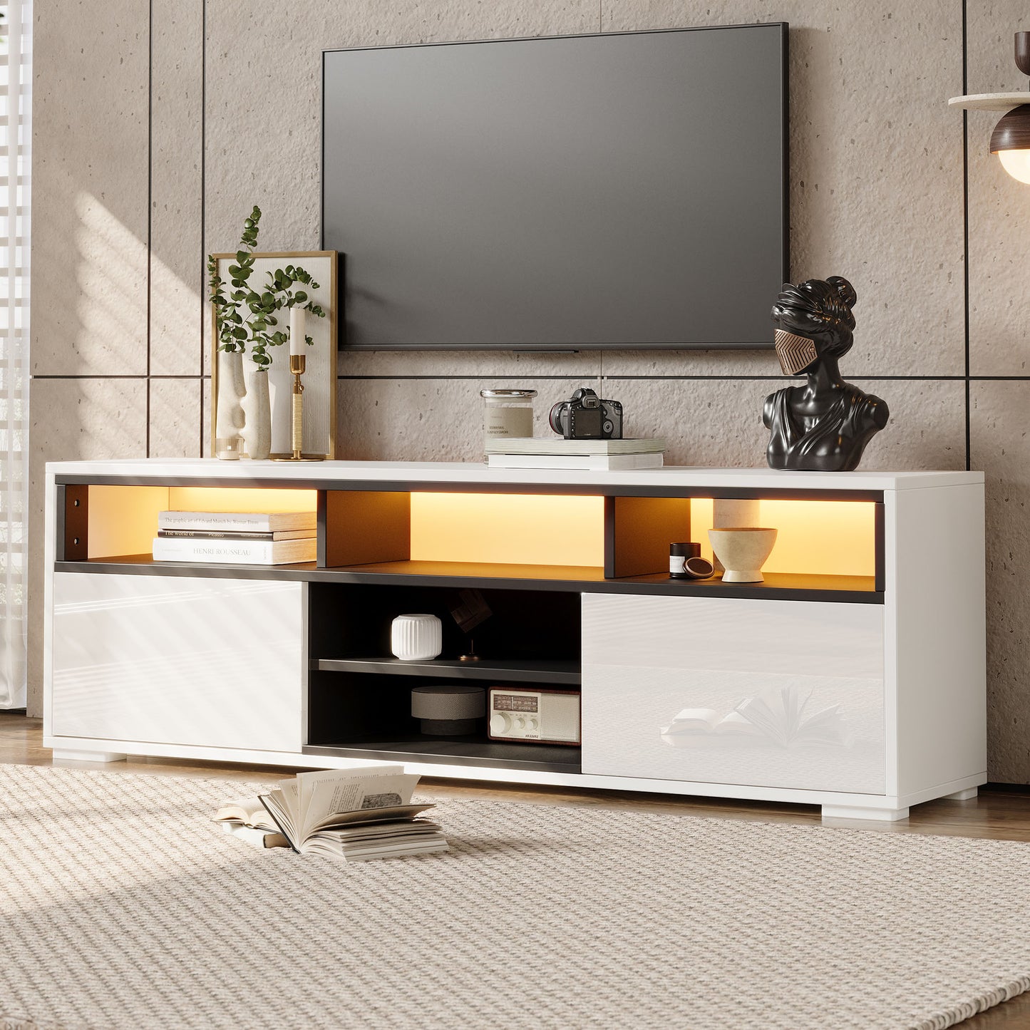 150 × 35 × 50 cm LED-TV-Bank aus Hochglanz-Spanplatte, Modernes Lowboard mit Stauraum für kleine Wohnzimmer,Unterschrank mit zwei Türen,8 Lagerräume,Speziell für kleine Wohnungen konzipiert