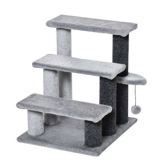 Gigab2b original image - Katzentreppe Haustiertreppe Hundetreppe 3 Stufen mit Spielball Plüsch Grau 45x40x48cm für Katzen und Hunde
