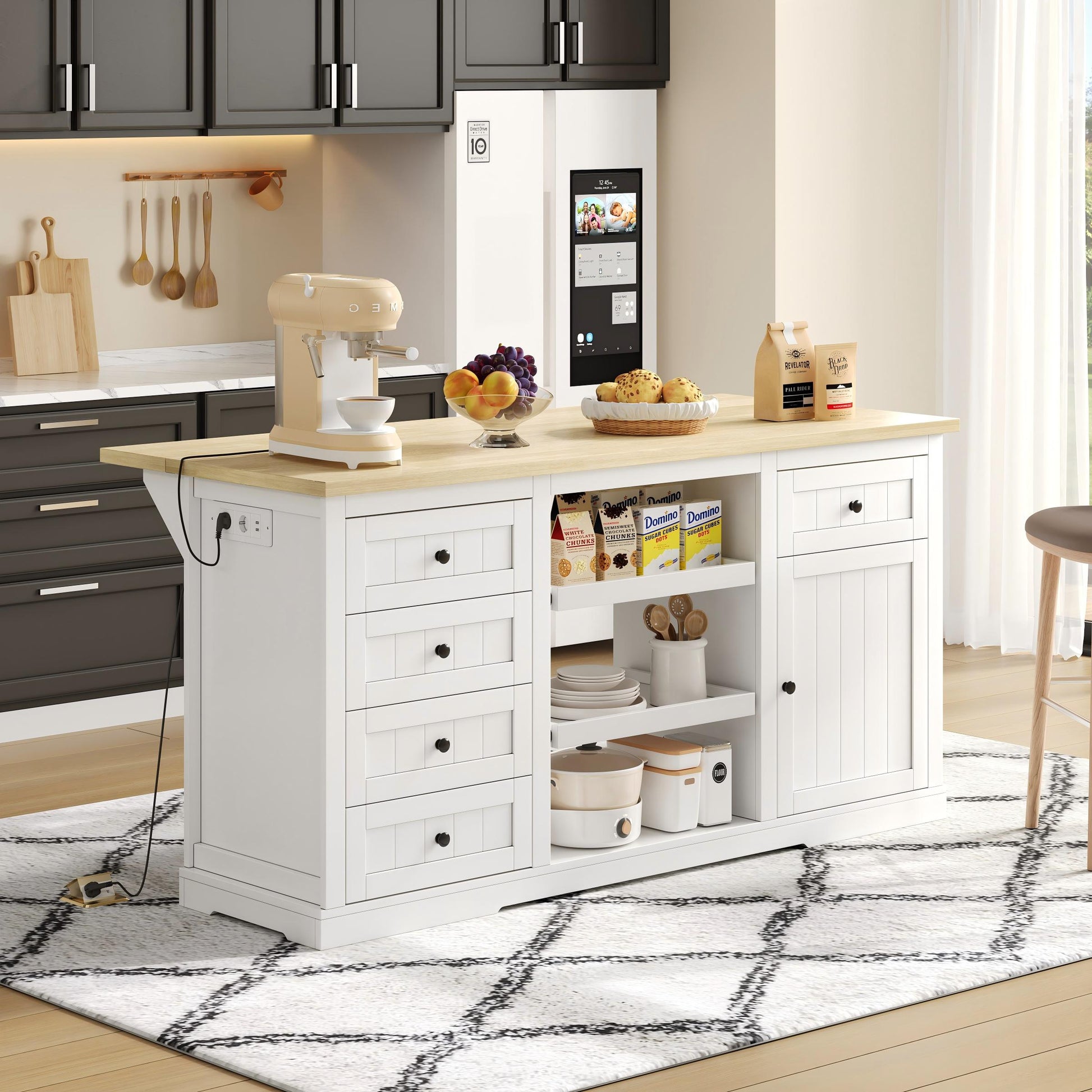Gigab2b original image - Sideboard,Kücheninsel, Bar-Schrank mit 5 Schubladen, 2 Ausziehböden, klappbarer Erweiterungsplatte und integrierten Steckdosen, für Küche, Esszimmer und Wohnzimmer, Weiß, 150×65×75 cm