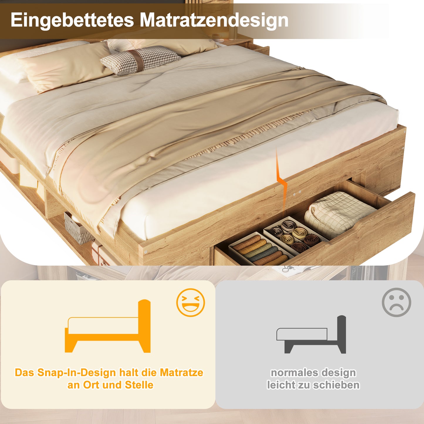 Doppelbett 180 200cm, Stauraumbett, holzbett, Jugendbett, mit Leselampe, mit 2 Nachttische, mit Schubladen,