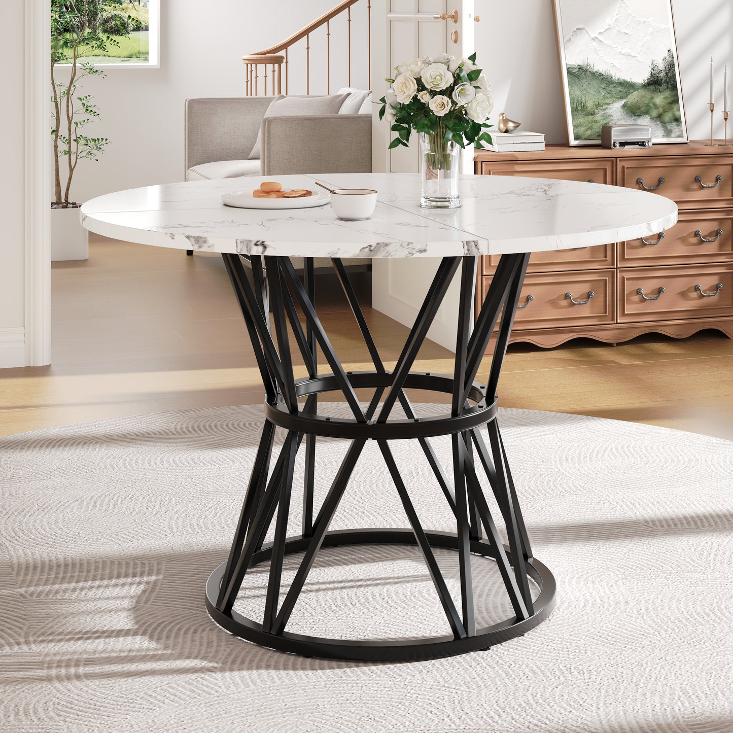 Gigab2b original image - Runder Esstisch (100×100×76cm), Küchen-Esstisch, runder Couchtisch für 4 Personen, geeignet für Esszimmer, Wohnzimmer, stilvolle Tischbeine aus Metall, Tischplatte aus MDF-Marmor, schwarz