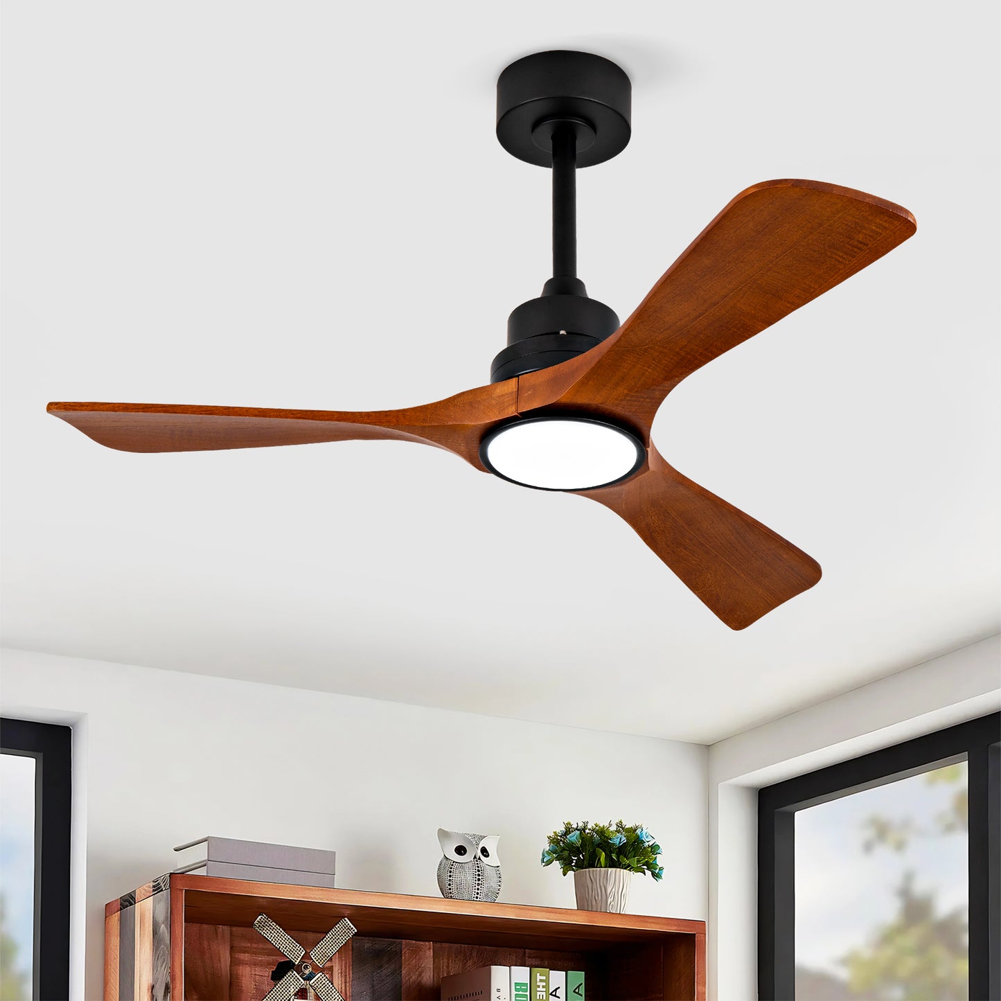 Gigab2b original image - Neuer 42-Zoll-Deckenventilator mit Licht, 3 Massivholzflügeln, Intelligente Doppelsteuerung (Fernbedienung + Wandschalter), Reversibler DC-Motor mit Speicherfunktion, Leiser Innen-Deckenventilator für