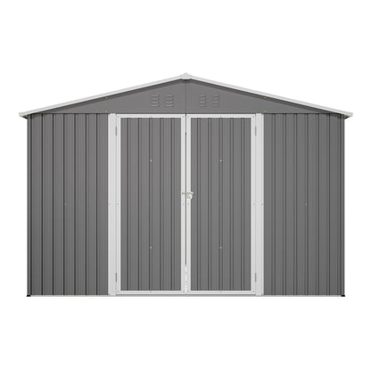 10'x10' Metal Storage Shed with Floor Frame, Heavy Duty Steel Garden Shed, Lockable Doors & Weather Resistant for Backyard Patio Lawn – Grey