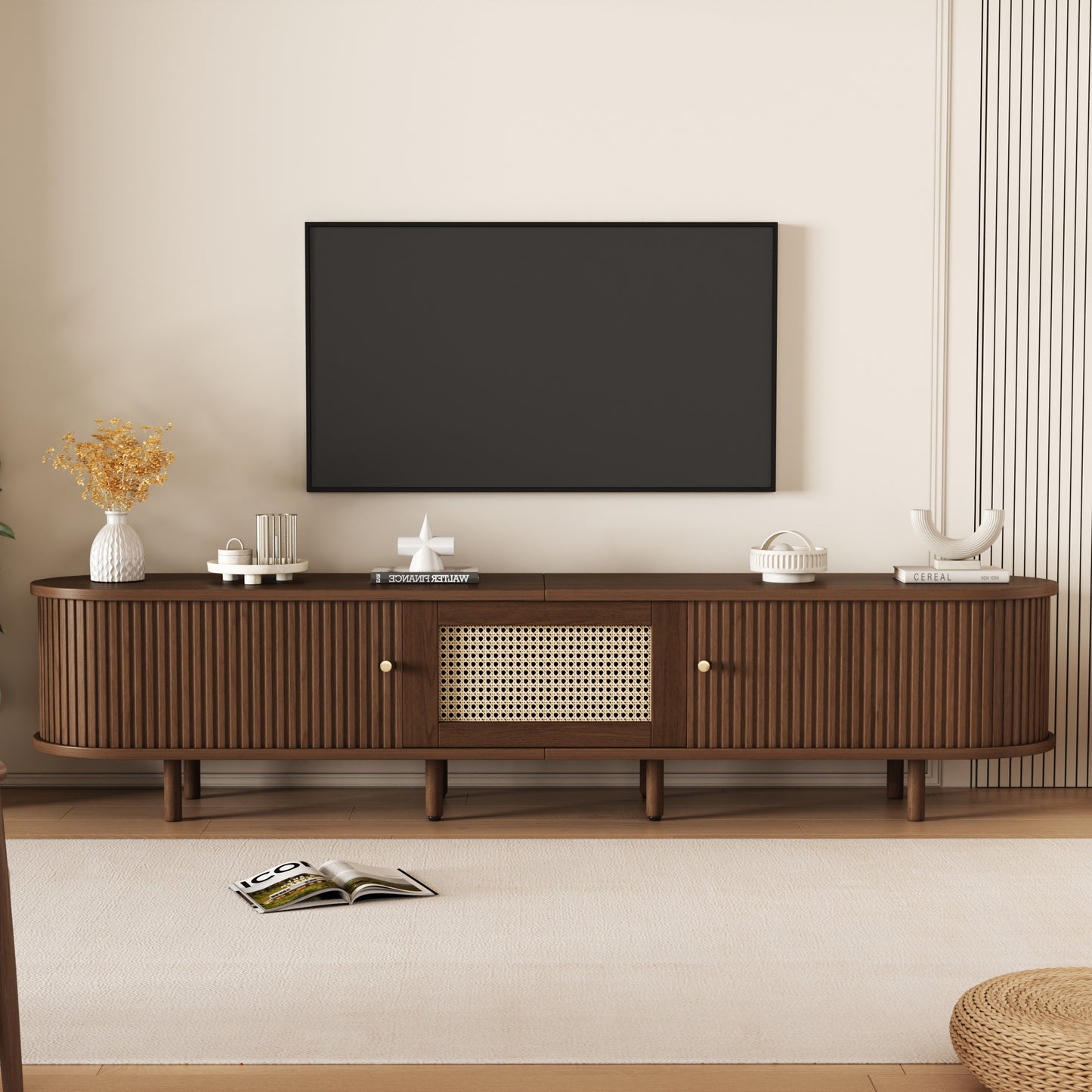 Gigab2b original image - Ovaler TV-Ständer in Nussbaum dunkel, Rattan-Design - 180 cm MDF-Design, verstellbare Füße, 30 kg Belastbarkeit