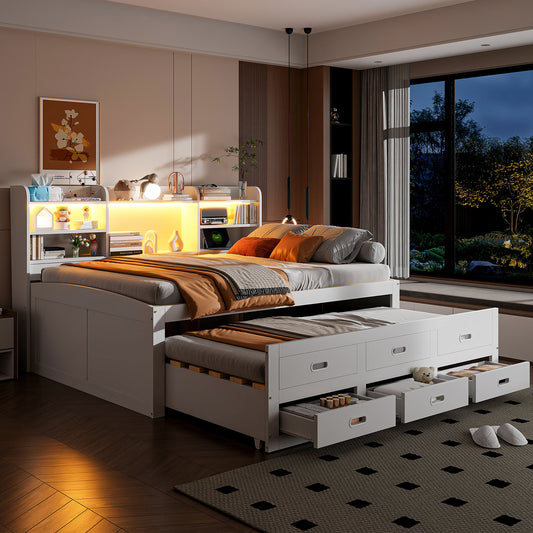 Gigab2b original image - Schlafsofa, Daybett, Tagesbett, 140 x 200cm, Mit LED-Leuchten, 3 schubladen, Nachttischablage, Multifunktionales ausziehbares bett mit usb+type-c, Ohne matratze, Weiß