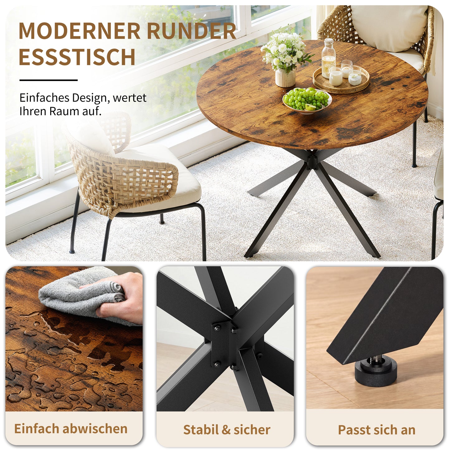 Runder Esstisch Industrialstil Ø120 cm großzügig mit X-Füßen Vintagebraun-Schwarz Küche Wohnzimmer