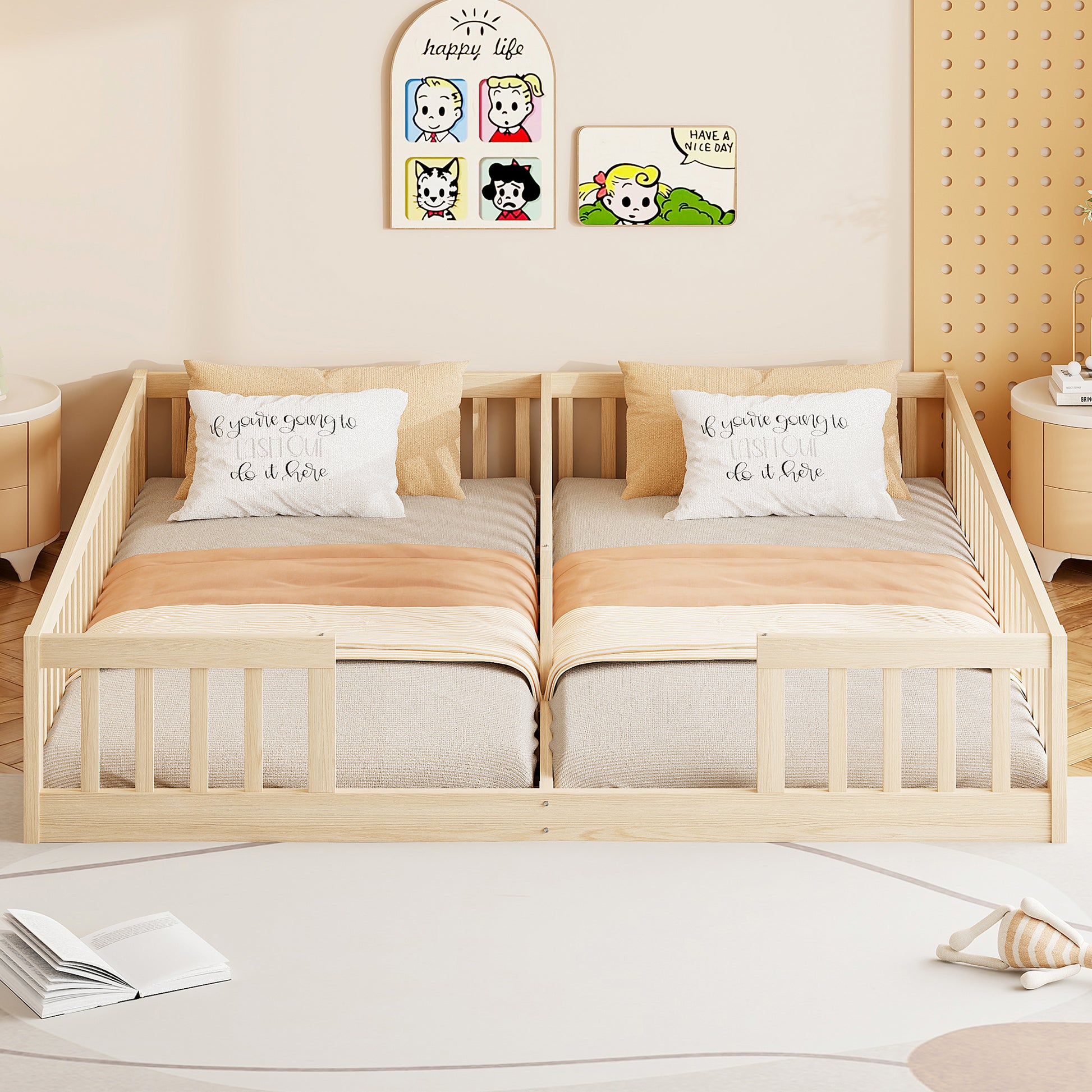 Gigab2b original image - Paneelbett, 90 x 200 cm, Kinderbett mit Geländer, mit Lattenrost (ohne Matratze), für Familien mit zwei Kindern, Kiefernholz, Minimalistischer Stil,Natur