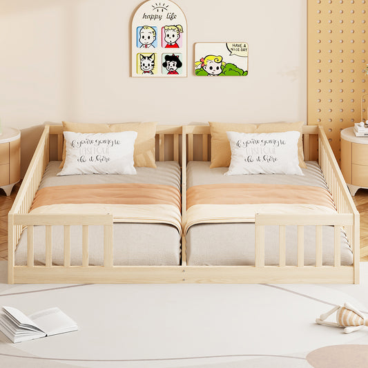 Gigab2b original image - Paneelbett, 90 x 200 cm, Kinderbett mit Geländer, mit Lattenrost (ohne Matratze), für Familien mit zwei Kindern, Kiefernholz, Minimalistischer Stil,Natur