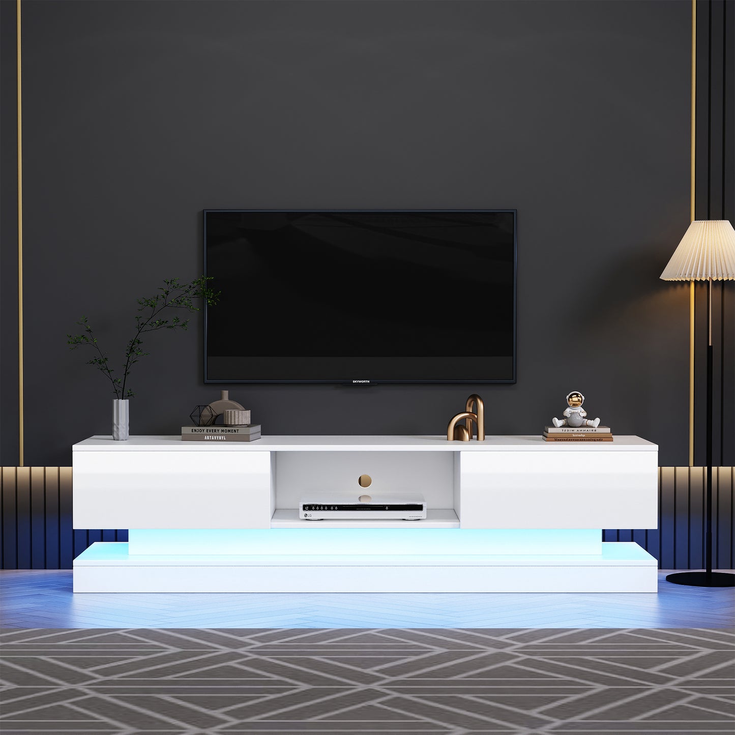 160*35*40.5cm Weißer Hochglanz-TV-Schrank mit LED-Beleuchtung, 2 Schubladen, App-Steuerung, Anti-Kipp-Design, für 60-Zoll-Fernseher,tv board,tv lowboard