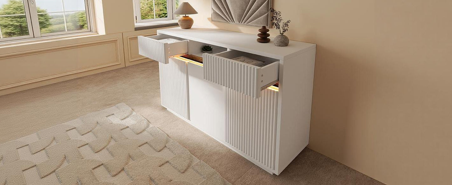 Sideboard Weiß mit LED 140x40x85 cm, Kommode mit 2 Schubladen und 3 Türen, Schrank mit verstellbaren Einlegeböden, moderner Wohnzimmerschrank Flur Küchenschrank