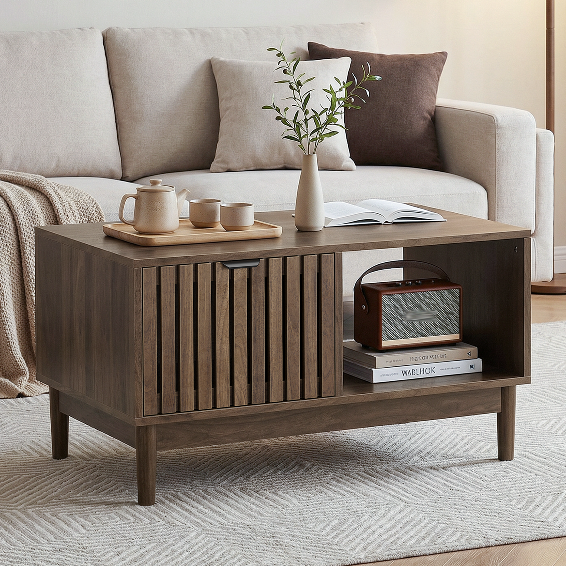 80 cm Couchtisch, Mid-Century-Modern-Stil, zentraler Tisch für das Wohnzimmer, Gitterstruktur mit einer Schublade, offenen Regalen und Beinen aus Massivholz, Walnussfarbe.