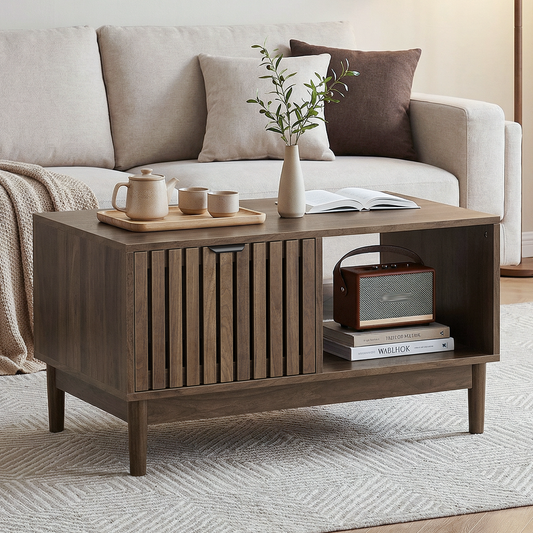 80 cm Couchtisch, Mid-Century-Modern-Stil, zentraler Tisch für das Wohnzimmer, Gitterstruktur mit einer Schublade, offenen Regalen und Beinen aus Massivholz, Walnussfarbe.