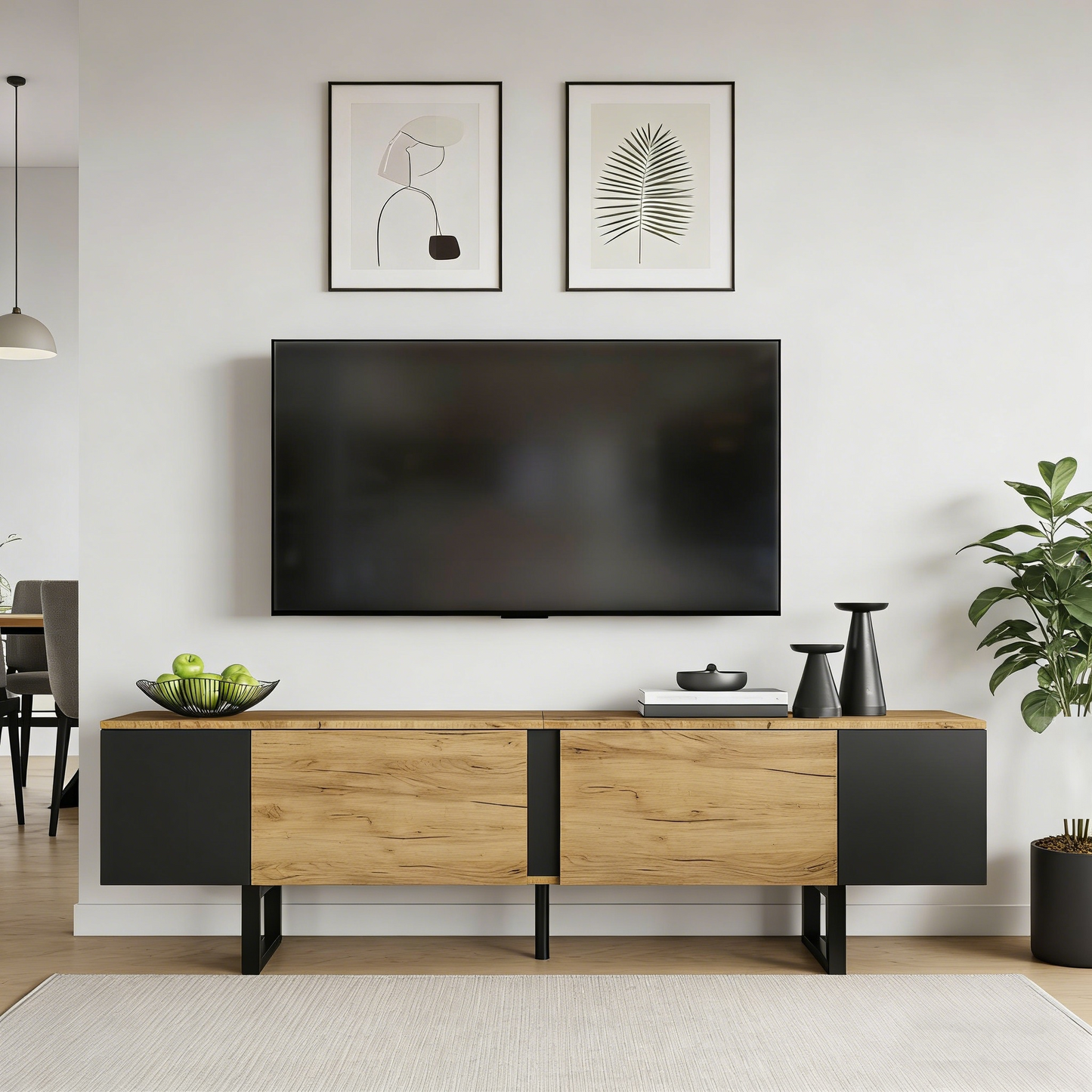 180*40*55cm TV-Schrank, Lowboard TV Board, TV-Konsole mit 2 Schränke und Offene Lagerflächen auf beiden Seiten, Fernsehtisch, TV-Ständer, Wohnzimmerschrank, geeignet für Fernseher bis zu 75 Zoll