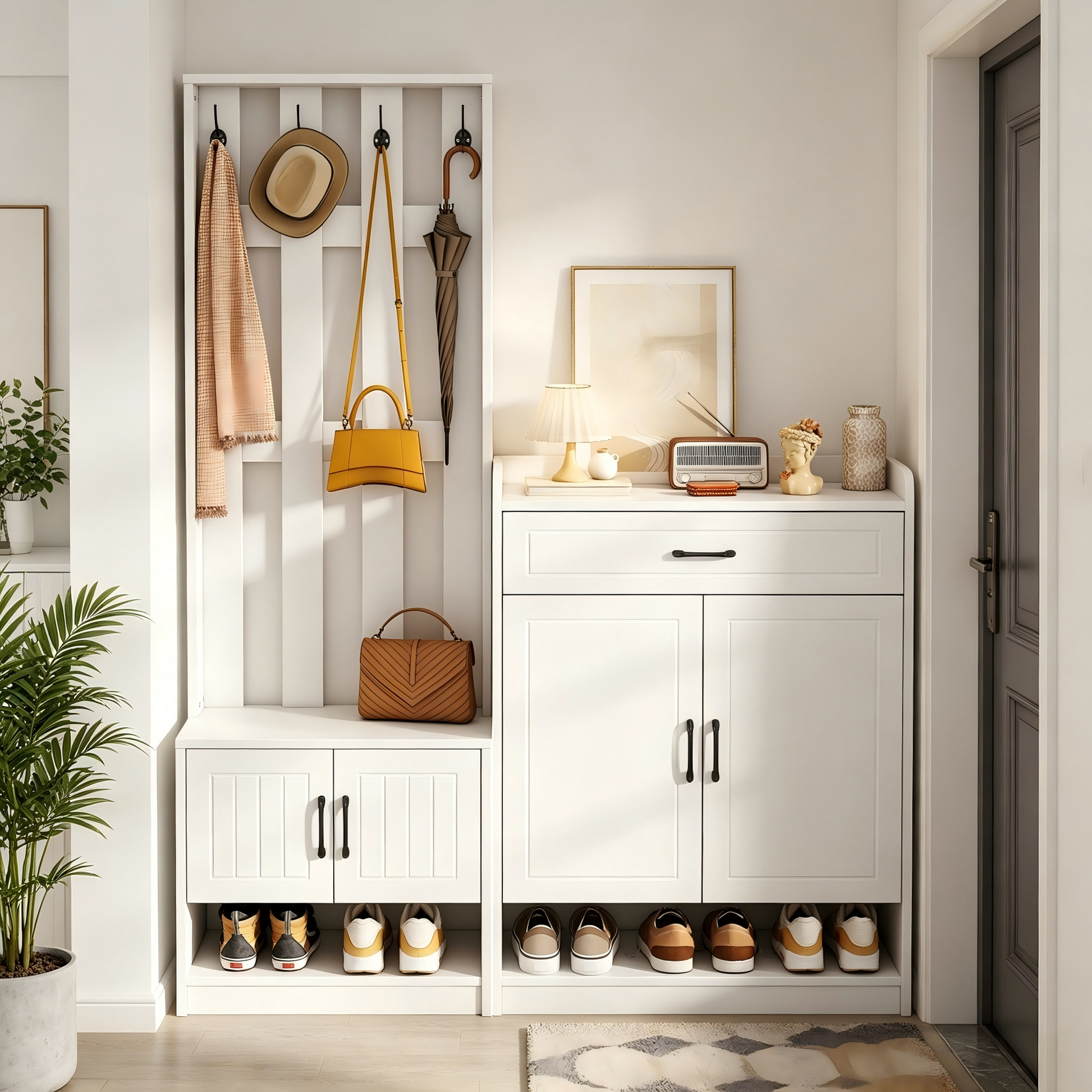 Gigab2b original image - weiß Garderoben-Set 140.6 x 32 x 180 cm, Flurgarderobe Paneel+Schuhschränke, Matt, Flurmöbel, Flurtrockenständer, Flurgarderobe, Schuhwechsler-Set