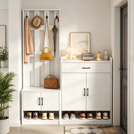 Gigab2b original image - weiß Garderoben-Set 140.6 x 32 x 180 cm, Flurgarderobe Paneel+Schuhschränke, Matt, Flurmöbel, Flurtrockenständer, Flurgarderobe, Schuhwechsler-Set
