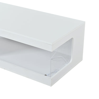 Wohnzimmer-Couchtisch 50*100*35cm, durchbrochener Teetisch, großer Hochglanz-kaffeetisch mit Ablageflächen aus gehärtetem Glas auf beiden Seiten, Beistelltisch mit LED-Lichtleiste, weiß, Spanplatte.