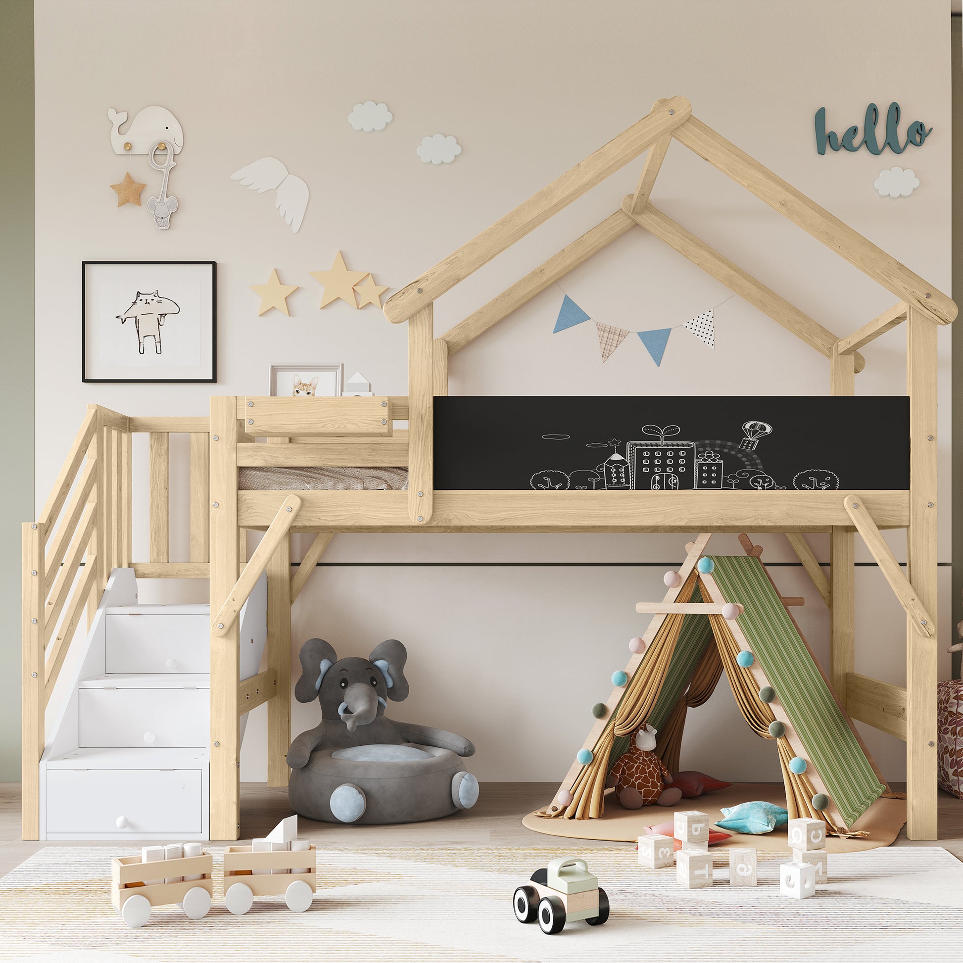 Gigab2b original image - Etagenbett, Kinderbett mit Fallschutz und Gitter, Einzigartiges Dachdesign, Bemalbare Tafel, Mit 3 Schließfächer in der Treppe, Kiefer+MDF+Sperrholz, Weiß+Natur,  90x200cm