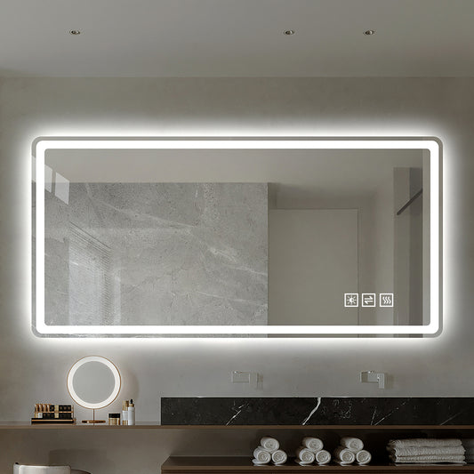 60×100cm Rahmenloser LED Badezimmerspiegel mit Mattierter Frontbeleuchtung, Anti-Beschlag, 3 Lichtfarben, Stufenlos Dimmbar, Memory-Funktion, Horizontal & Vertikal Montierbar, IP44 Wasserdicht