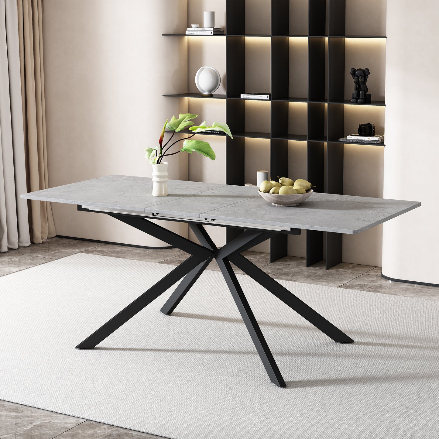 Gigab2b original image - Erweiterbarer Esstisch, automatisch ausziehbarer Esstisch, rechteckiger Esstisch, Kaffee-Freizeittisch, L150/180 x B70 x H76 cm, Kreuzbein-Design, Zementmuster, Schwarz und Grau(OLD SKU:N634P16777582)