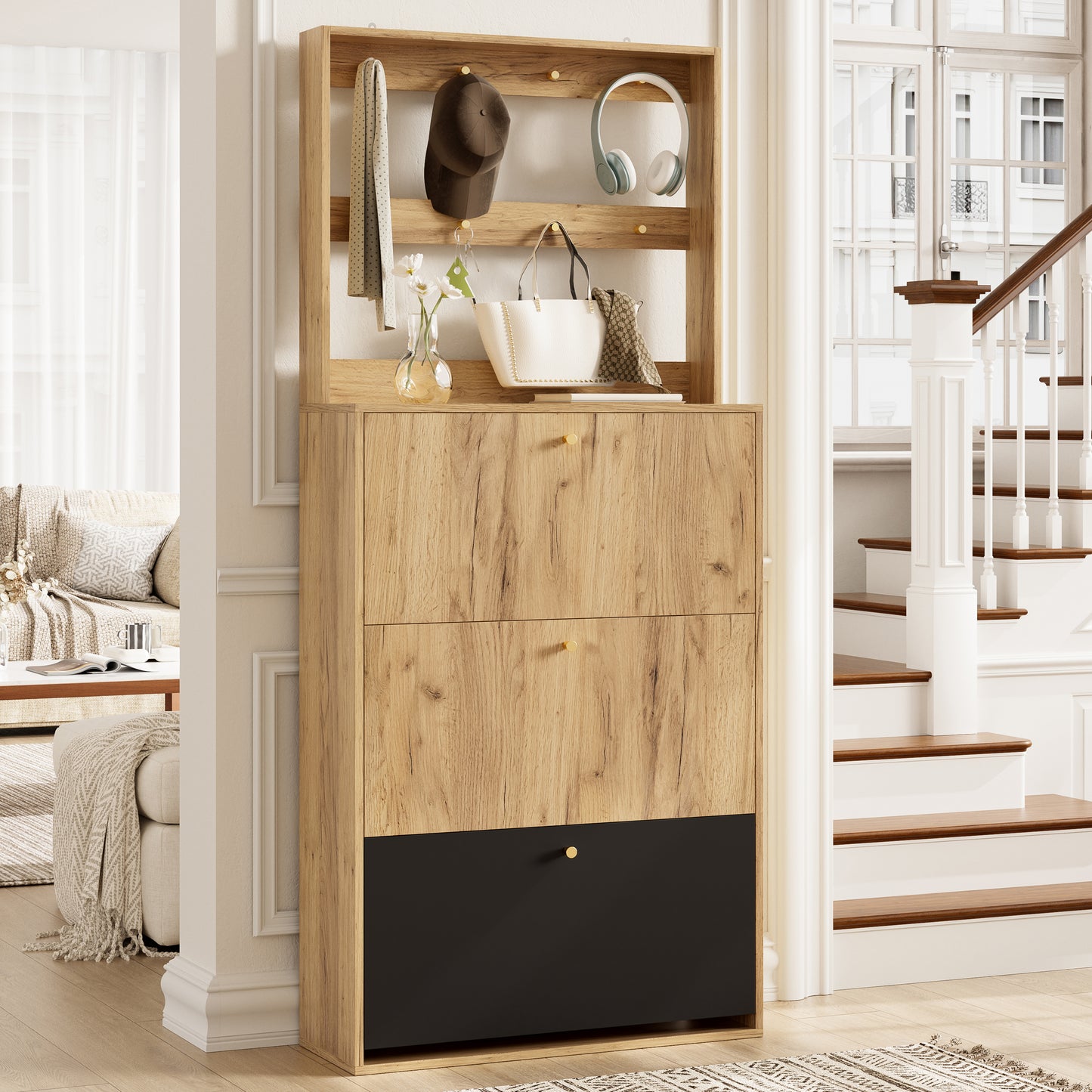 Modern Foldable Shoe Cabinet with Hooks for Hallway Storage