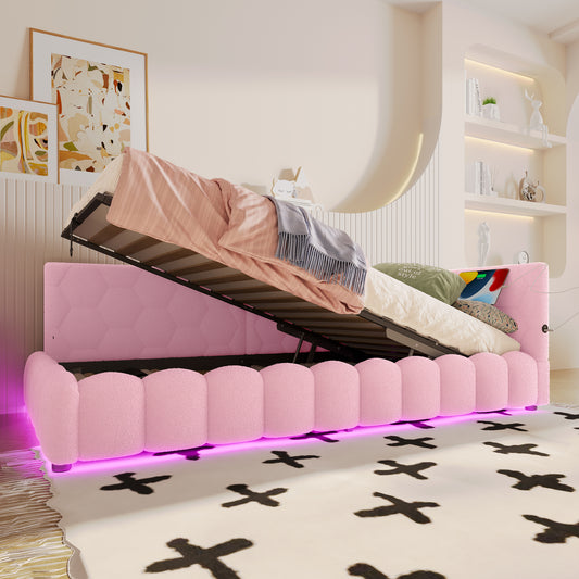 Daybett, 90*200cm Tagesbett, Schlafsofa, Bett mit Lattenrost (ohne Matratze), mit LED-Lichtleiste, mit hydraulischem Hebemechanismus, USB-Anschluss, Typ-C, Komfortmaterial, Vliesimitat, Rosa