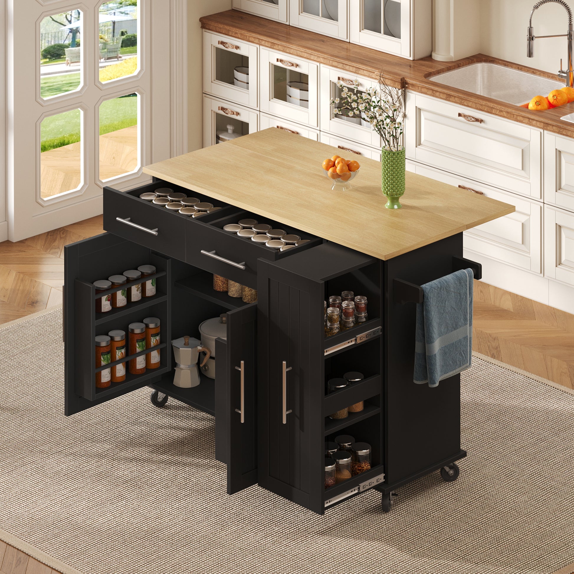 Gigab2b original image - Kücheninsel mit Drop Leaf, Storage Cart mit 3 Tier Pull Out Cabinet Organizer, Internal Storage Rack, Rolling Cart auf Rädern mit Handtuchhalter & 2 Schubladen für Esszimmer, Schwarz