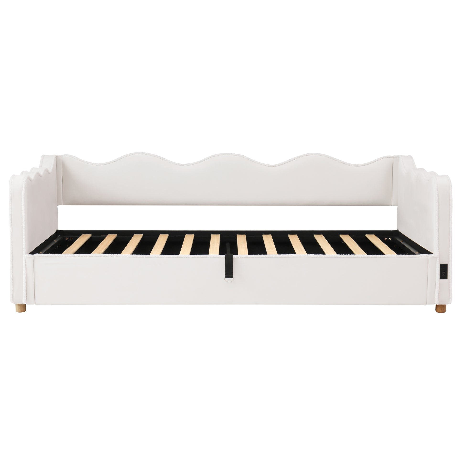Daybett 90x200 cm mit hydraulischem Stauraum, Polsterbett, Tagesbett, Schlafsofa mit USB & Rückenlehne, samt, beige