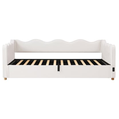 Daybett 90x200 cm mit hydraulischem Stauraum, Polsterbett, Tagesbett, Schlafsofa mit USB & Rückenlehne, samt, beige