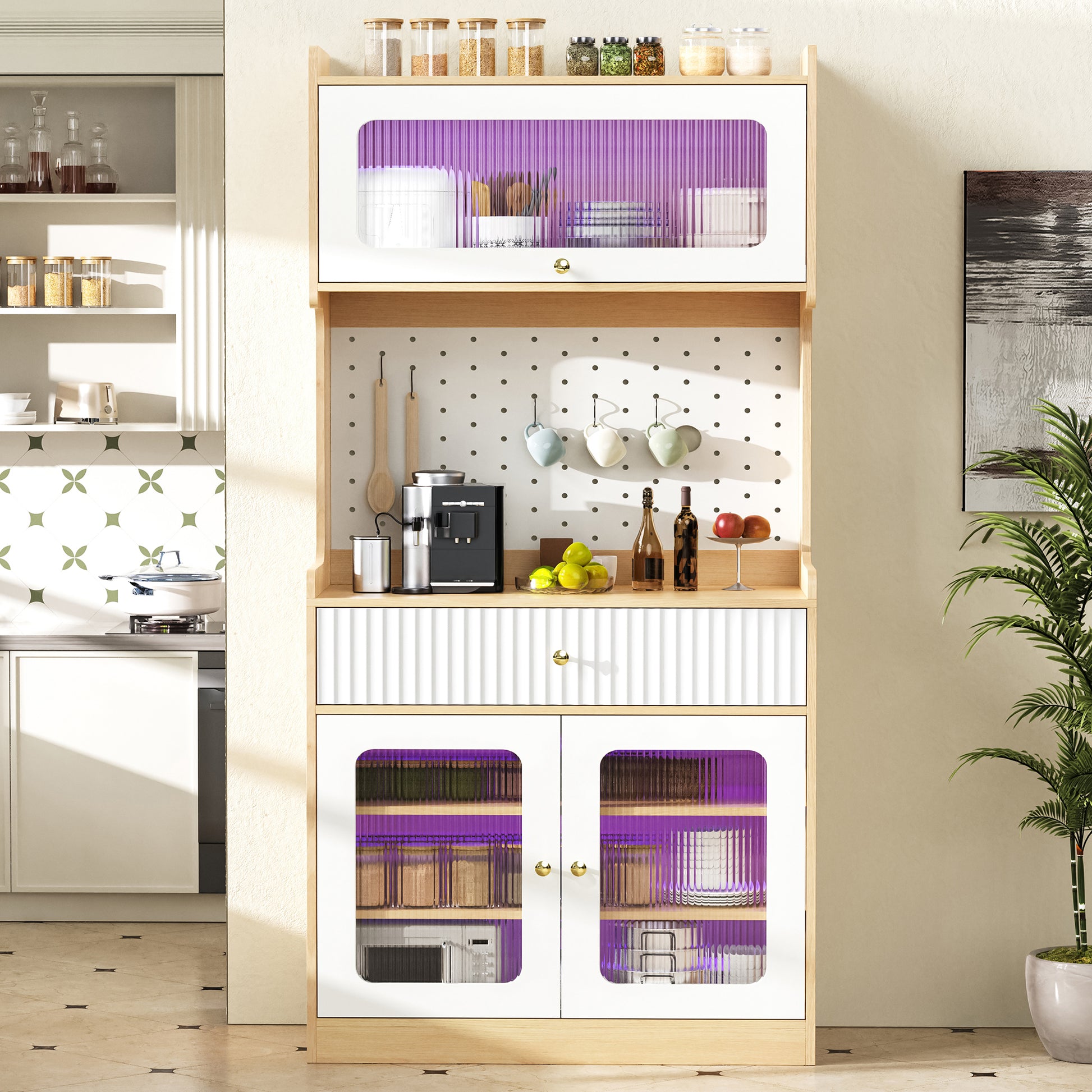 Gigab2b original image - Highboard mit verstellbaren Regalböden und Schubladen, Küchenschrank mit  LED-Beleuchtung und Riffelglas , Ideal für Esszimmer, Wohnzimmer und Küche (Natur)