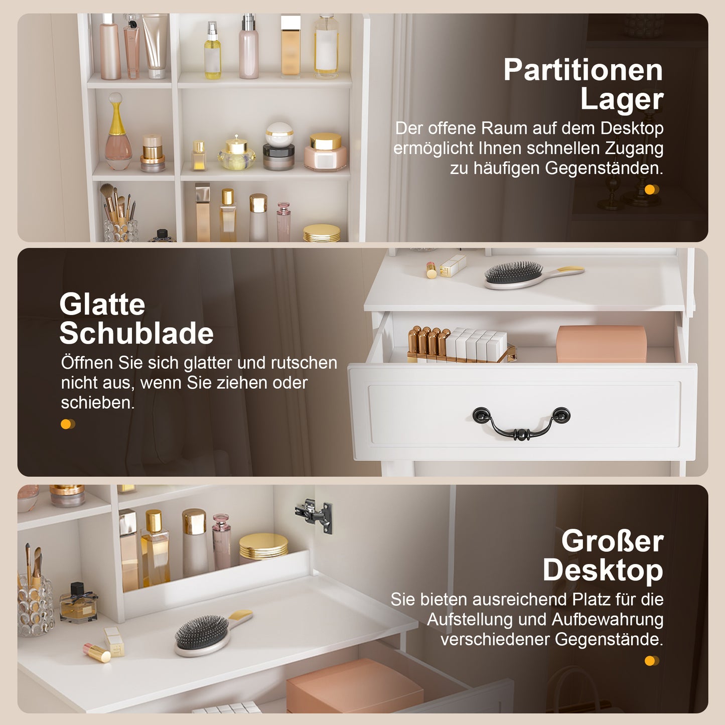 Modernes minimalistisches Schminktisch-Set mit dimmbarem LED-Spiegel – Kompakt mit verstecktem Stauraum, inkl. gepolsterter Hocker, Weiß, B60/H131.5/T36cm.