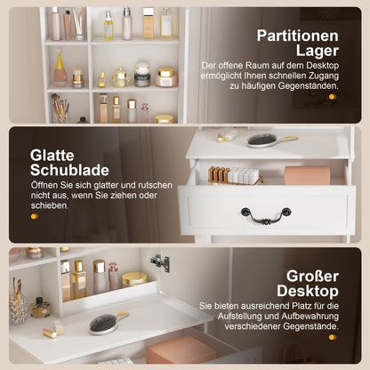 Modernes minimalistisches Schminktisch-Set mit dimmbarem LED-Spiegel – Kompakt mit verstecktem Stauraum, inkl. gepolsterter Hocker, Weiß, B60/H131.5/T36cm.