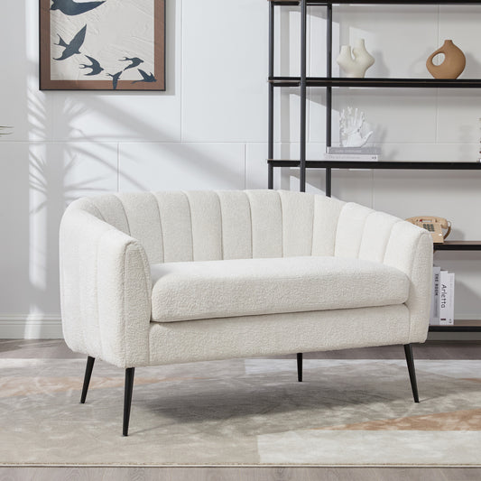 Chenille-Polster-Mini-Liegesofa (Akzentsofa), modernes Glanz-Zweisitzer-Sofa mit Metallbeinen & Rillenpolsterung, für Wohnzimmer, Schlafzimmer, Büro, kleine Räume, Ivory