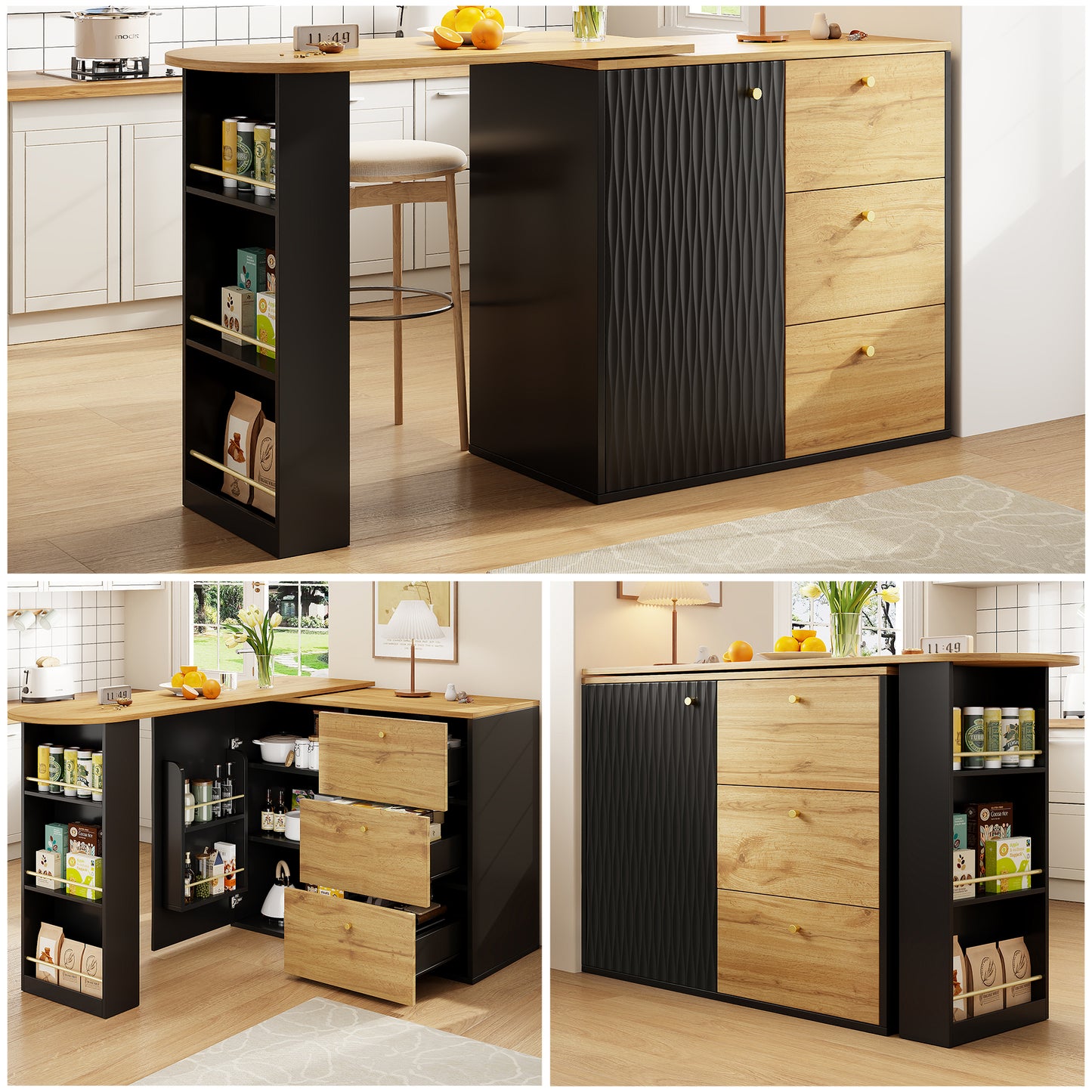 Ausziehbarer Bartisch mit Stauraum(138-204×39×104cm) , 360° drehbare Essbar,Moderner Beweglicher Bar Table,Hochtisch Kücheninsel Bistro Table, Sideboard mit Holzmaserung