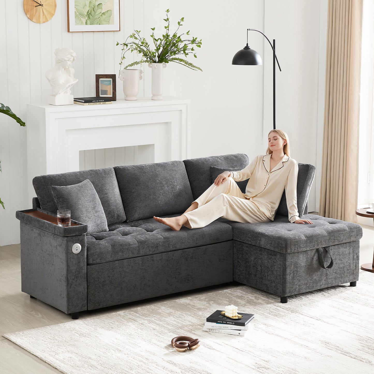 Gigab2b original image - Modernes L-Sofa mit ausziehbarem Schlafsofa mit Schlaffunktion, Stauraum, USB-Ladegerät, Armlehnenablage und 2 Kissen, geeignet für Wohnzimmer etc, Gray.