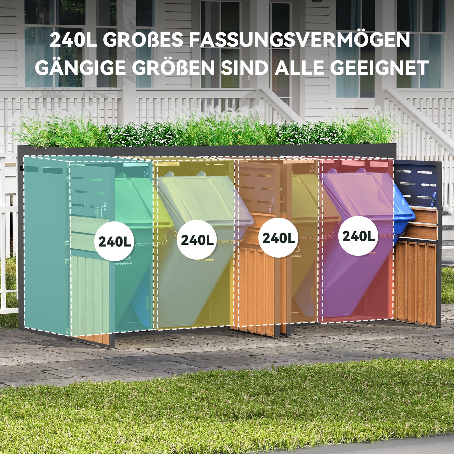 Multifunktionaler Außenschrank mit integriertem Pflanzkasten, Lamellenbelüftung, vier separaten Fächern, verzinktem Stahlrahmen und Sicherungskette – für Lagerung & Gartendekoration (ohne Abfalleimer)