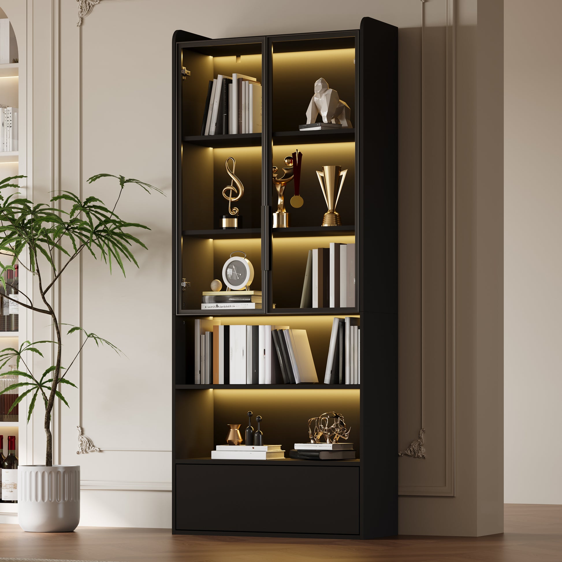 80*34*180cm Vitrine, Hochschrank mit 1 Schubladen und Glasschranktüren, Hochschrank Glasvitrine mit LED und Offene Partition, Standregal Schrank Vitrine,Wohnzimmerschrank mit Glastüren, Schwarz