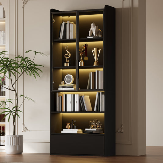 80*34*180cm Vitrine, Hochschrank mit 1 Schubladen und Glasschranktüren, Hochschrank Glasvitrine mit LED und Offene Partition, Standregal Schrank Vitrine,Wohnzimmerschrank mit Glastüren, Schwarz