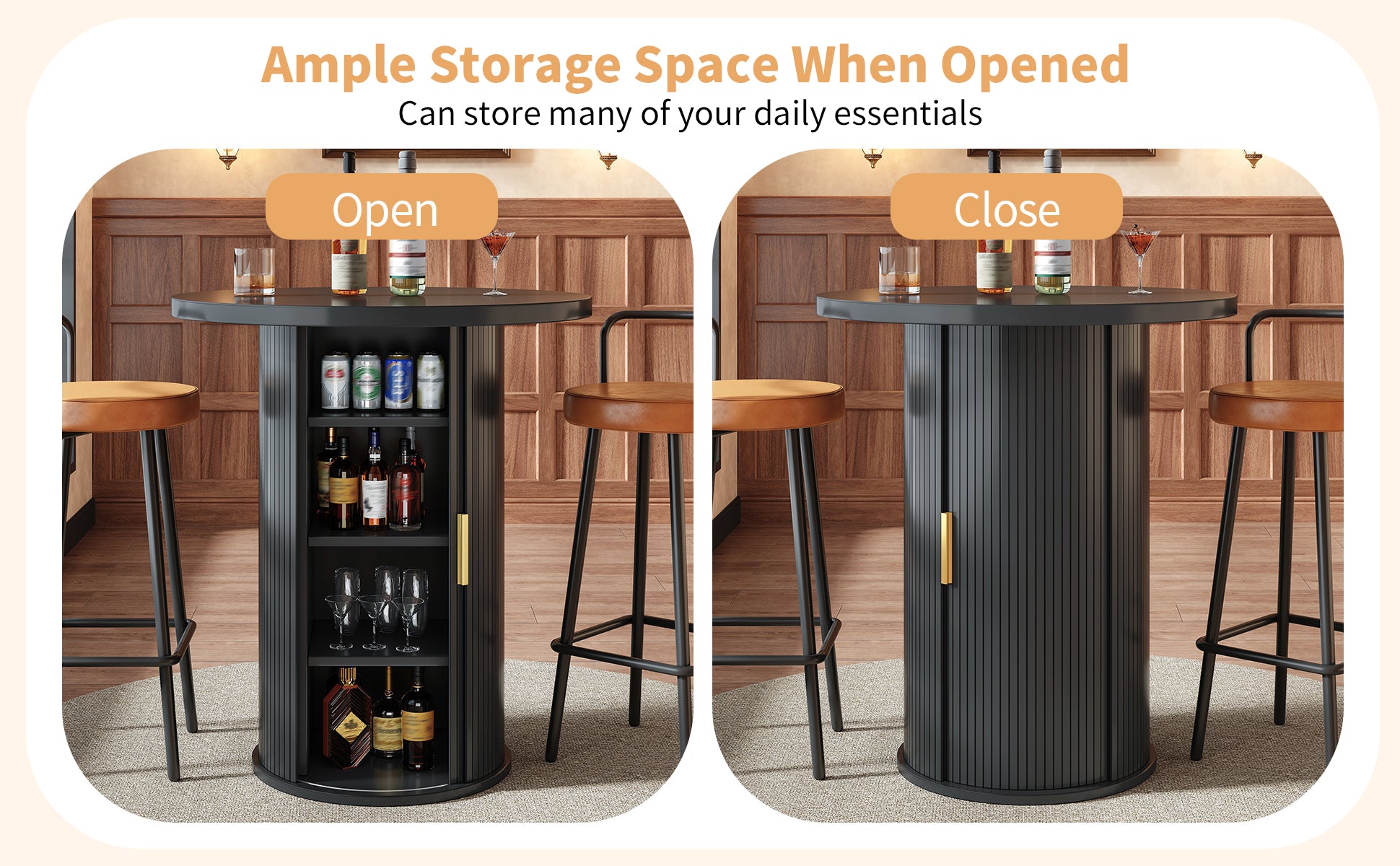 Bartisch-Set mit 2 Barhockern, Runder Stehtisch mit Stauraum & 2 ergonomischen Barhockern, MDF Holzoptik, für Bar & Wohnzimmer